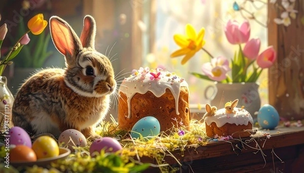 Fototapeta A charming easter scene with a fluffy rabbit, colorful eggs, and springtime treats.