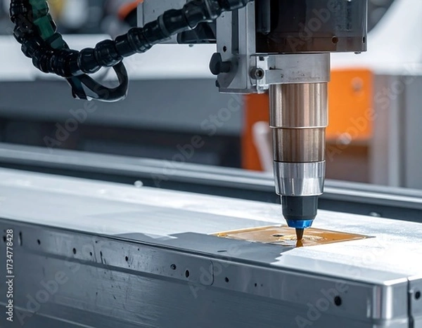 Obraz A close-up view of a robotic arm precisely working on a metal sheet, highlighting intricate details of the industrial process.