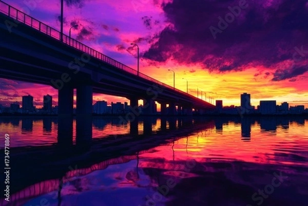 Obraz urban bridge silhouette at sunset