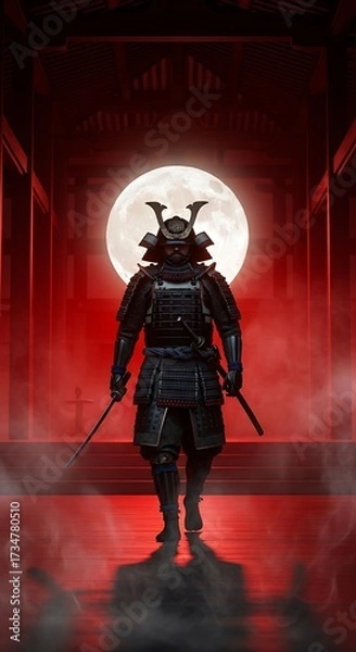 Obraz Samurai Warrior in Red Setting, Focused and Determined.