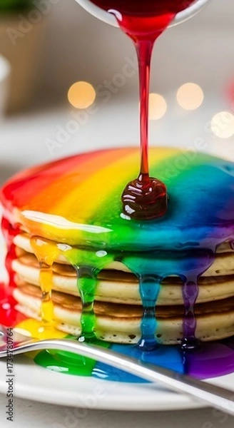 Obraz Rainbow Stacked Pancakes Drizzled with Syrup.