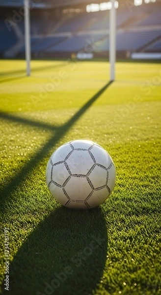 Obraz Soccer Ball on a Soccer Field at Sunrise.