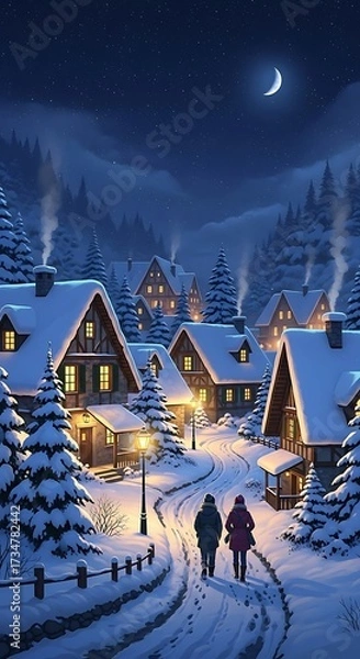 Obraz Snowy Winter Village at Night.