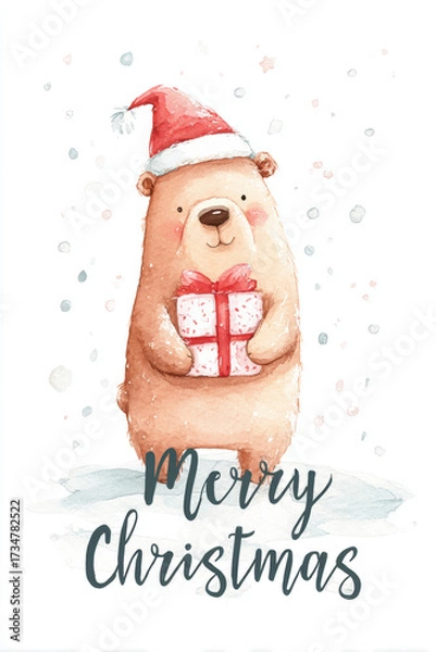 Obraz Adorable watercolor bear wearing red santa hat holding wrapped christmas gift with falling snowflakes and merry christmas text in handwritten script soft pastel background cheerful kids illustration