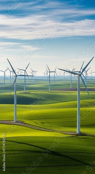 Obraz Wind Turbines on Green Fields Under a Cloudy Sky.