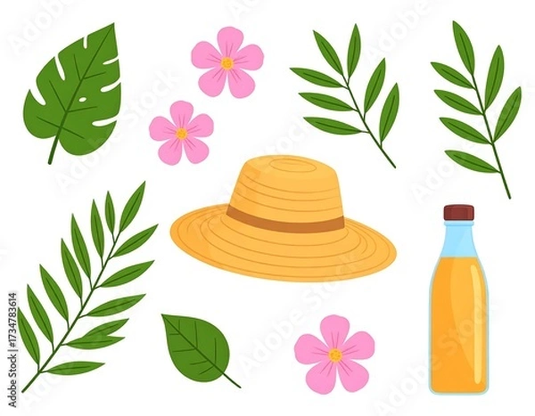 Obraz A collection of vibrant tropical leaves, flowers, a straw hat, and a bottle, creating a summery and cheerful visual arrangement.