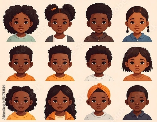 Obraz A collection of diverse children's portraits, showcasing various hairstyles and neutral color clothing, evokes a sense of inclusivity and warmth.
