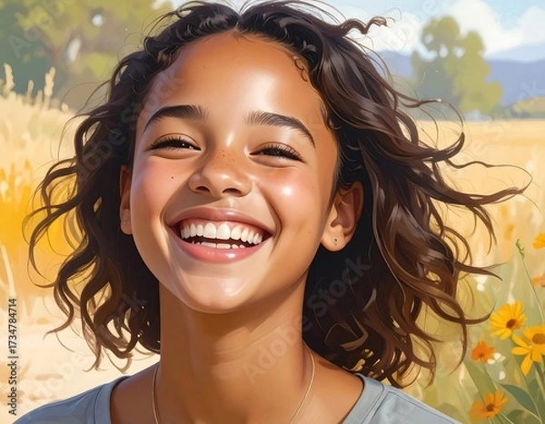 Obraz A joyful young woman with a radiant smile and windswept hair, captured in a vibrant, warm-toned illustration.