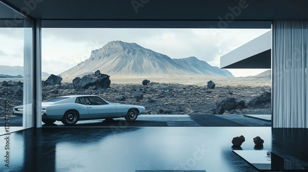 Fototapeta Timeless Elegance: Vintage American Car Parked by a Modern Minimalist Home With a Panoramic View of a Rugged Mountain Landscape