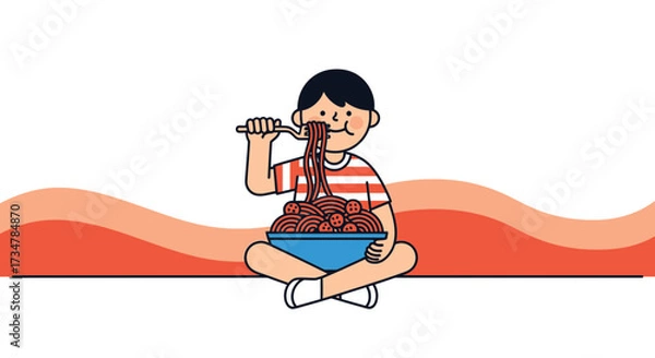 Fototapeta A Young Person Enjoying a Delicious Plate of Spaghetti in a Delightful Illustration