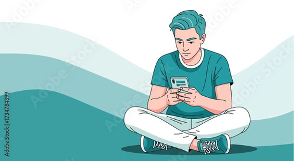 Fototapeta A young man using his smartphone while sitting, with a turquoise color scheme