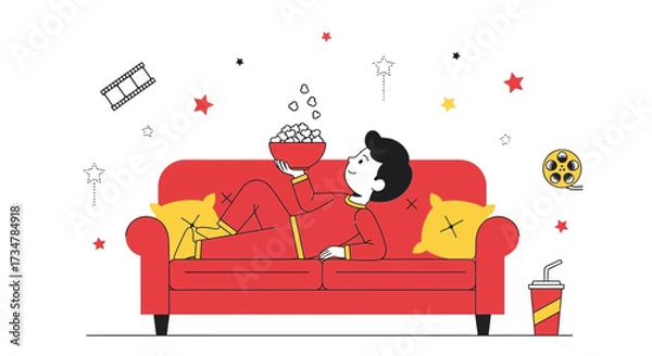 Fototapeta A Young Person Watching Film While Enjoying Popcorn In A Relaxed Evening