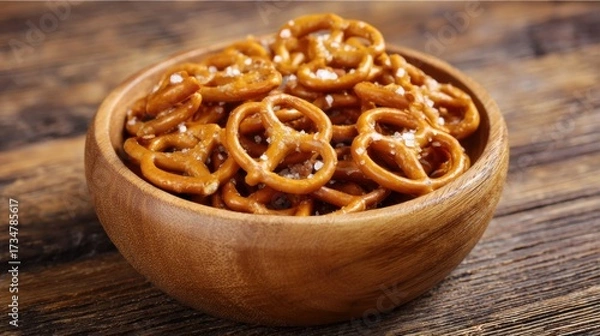 Fototapeta A wooden bowl filled with crunchy, salty pretzels is placed on a rustic wooden table during a casual gathering, inviting guests to enjoy a tasty snack.