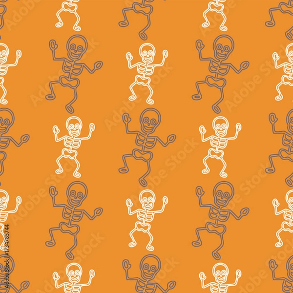 Obraz A pattern of skeletons dancing on an orange background. The skeletons are all different sizes and are in various poses. Scene is playful and lighthearted, as the skeletons are depicted as having fun