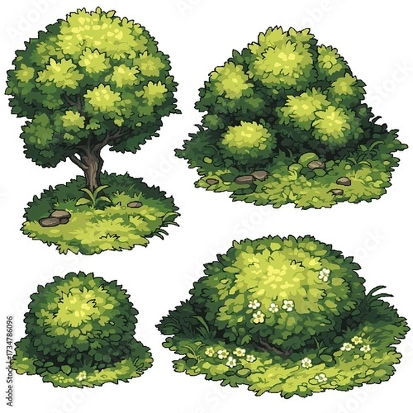 Fototapeta Pixel Tree Bush Shrub Plant Isolated Retro 8bit 16bit Pixelated Nature Video Game Asset