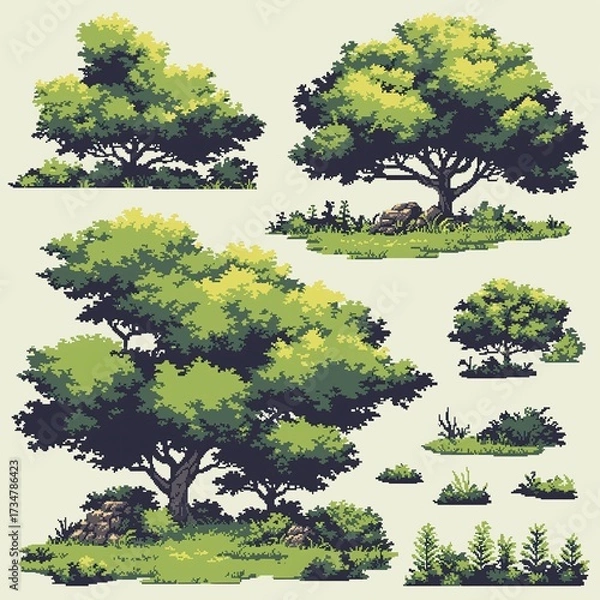 Fototapeta Pixel Tree Set Bush Shrub Collection Plant Isolated Retro 8bit 16bit Pixelated Nature Video Game Asset