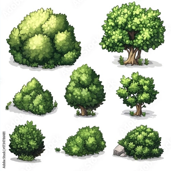 Fototapeta Pixel Tree Set Bush Shrub Collection Plant Isolated Retro 8bit 16bit Pixelated Nature Video Game Asset
