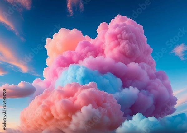 Fototapeta fairy-tale colorful clouds made of cotton candy; dreamy fantasy background with fluffy pastel textures, perfect for children’s projects, posters, party decorations, and whimsical designs