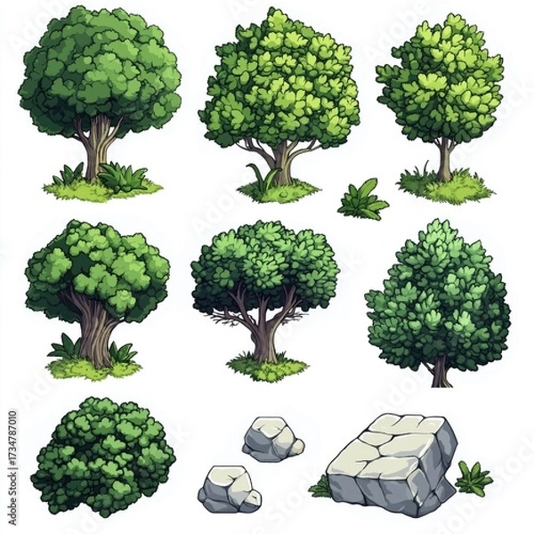 Fototapeta Pixel Tree Set Bush Shrub Collection Plant Isolated Retro 8bit 16bit Pixelated Nature Video Game Asset