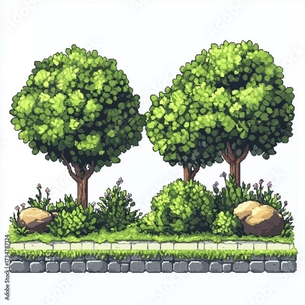 Fototapeta Pixelated Tree and Landscape, Pixel Art Plants and Flowers Video Game Asset, 8bit 16bit Retro Gaming Nature