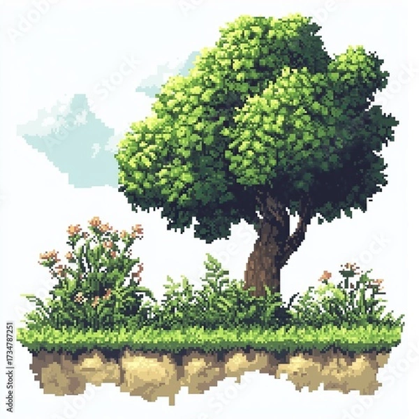 Fototapeta Pixelated Tree and Landscape, Pixel Art Plants and Flowers Video Game Asset, 8bit 16bit Retro Gaming Nature