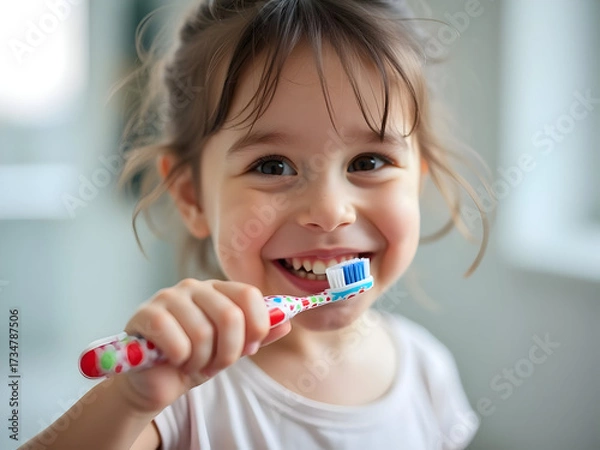 Fototapeta Child smiling while brushing teeth