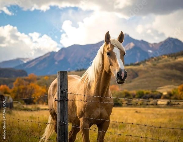 Fototapeta A light-brown horse stands serenely behind a rustic wooden fence, framed by a golden autumnal landscape and distant mountains.