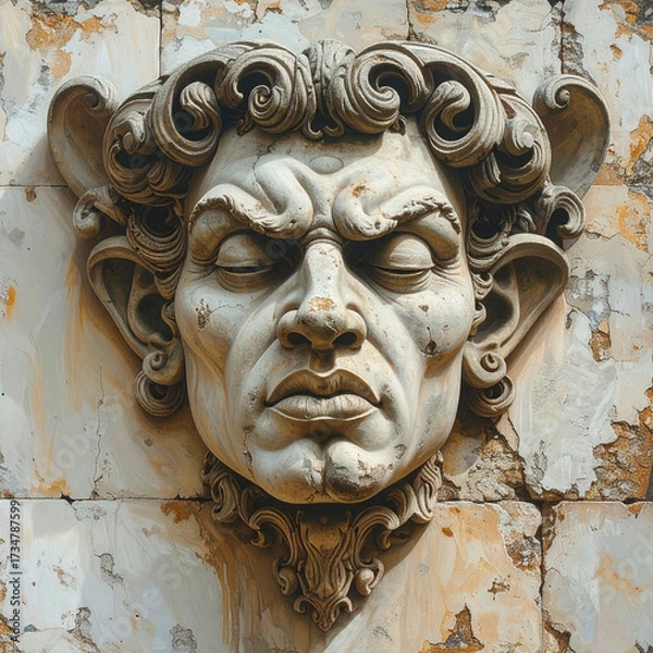 Fototapeta A weathered stone carving of a grotesque or mythical face embedded in a wall. Aged stone texture with patina and discoloration. Medieval or gothic aesthetic, architectural ornament, cultural symbolism