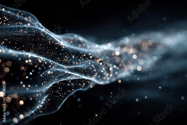 Fototapeta Fluid energy pattern with sparkling particles and dark environment