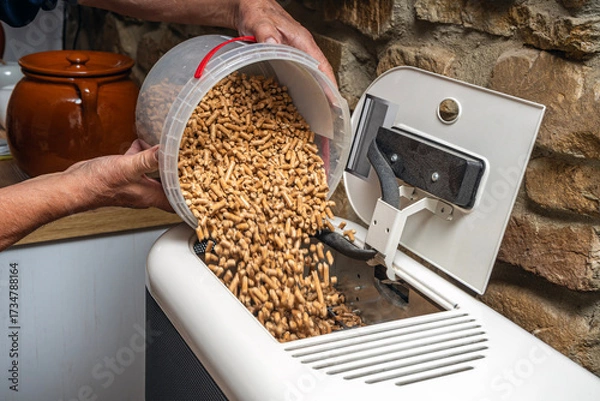 Obraz Close-up of a man filling biomass boiler or stove with wood pellets for home heating.