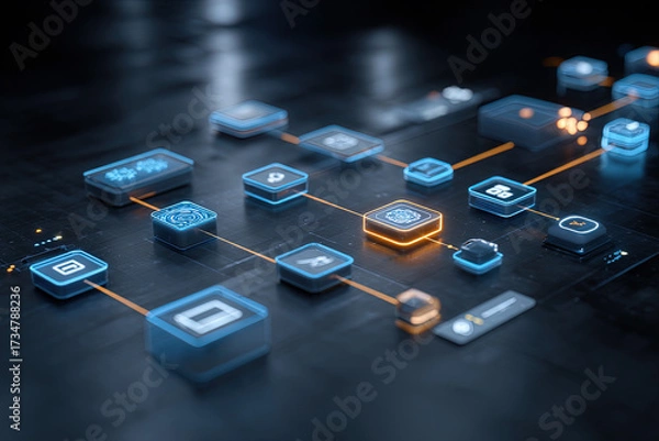 Fototapeta Abstract digital network with glowing cubes and flowing connections
