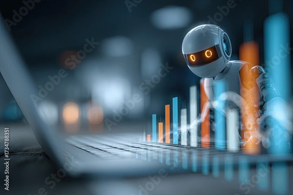 Fototapeta AI interface on laptop displaying charts and robot icon