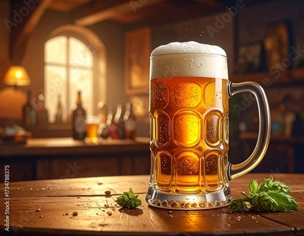 Fototapeta A full glass of light beer rests on a rustic wooden table in a dimly lit tavern, showcasing a warm ambiance.