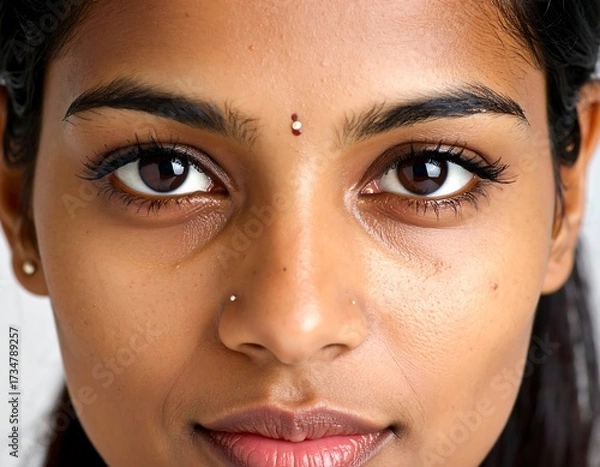 Fototapeta Close-up portrait of a woman with expressive eyes and a neutral facial expression, showcasing intricate details of her features.