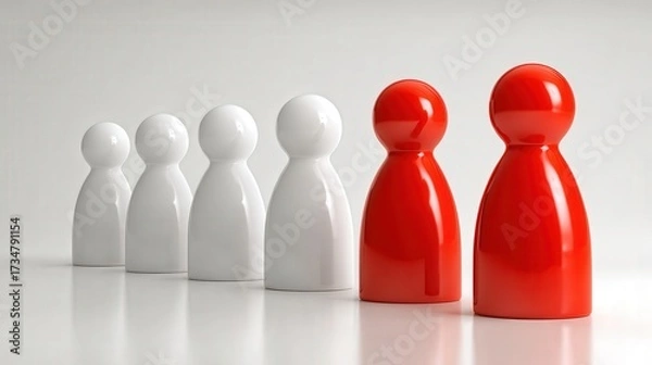 Fototapeta Distinctive white and red figures stand in a line against a white backdrop, creating a visually interesting composition with light reflections.