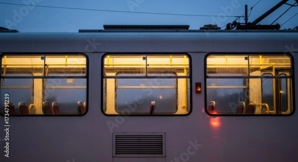 Fototapeta Illuminated train car windows at dusk with warm interior light