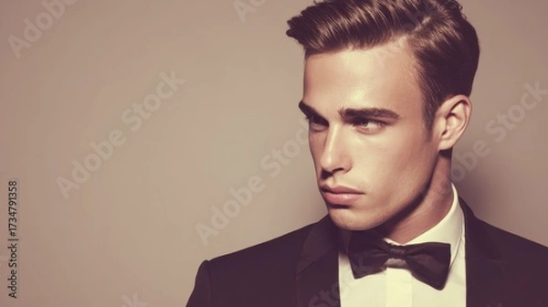 Fototapeta Elegant young man, impeccably dressed in formal attire, including a crisp white shirt and a black bow tie, showcasing a stylish hairstyle and a focused gaze, with a soft, neutral background.