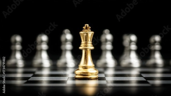 Fototapeta Golden chess king piece on a chessboard, highlighting a strategic , the metallic gold contrasting against silver pieces, all set against a dark, blurred background, showcasing leadership and...