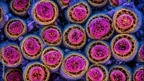 Fototapeta Vivid, colorful microscopic cellular structures are displayed in a , revealing intricate details within a complex biological composition.