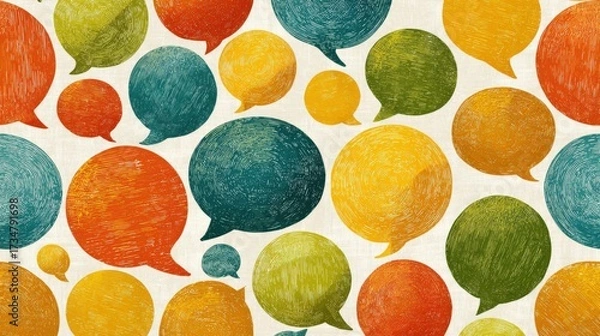 Fototapeta Colorful, hand-drawn speech bubbles in various sizes and vibrant shades of yellow, orange, green, and teal are scattered across a cream-colored background, creating a textured and visually appealing