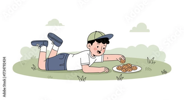Fototapeta Boy Relaxes Outdoors, Reaching For Cookies From A Plate On The Grass, Enjoying Dessert