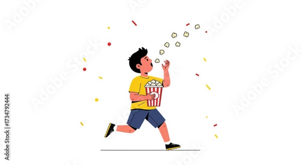 Fototapeta Boy Running With Popcorn, Catching Corn, Happy Movie, Snack Time, Isolated Illustration