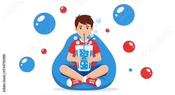 Fototapeta Boy Sips Refreshing Beverage, Relaxing on a Beanbag, Surrounded by Bubbles and Joy