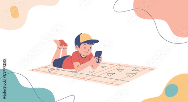 Fototapeta Boy Using Smartphone While Lying on Mat with Abstract Decorative Background.