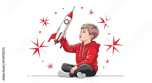 Fototapeta Boy with rocket vector illustration, concept of dreams, imagination, and future plans