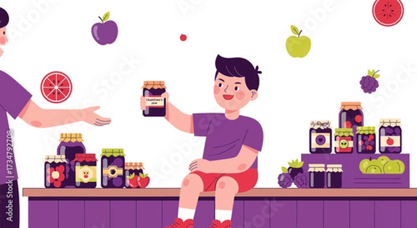 Fototapeta Bright Graphic Depiction Of Boy Showing Cranberry Jam To A Person And Fruit Display