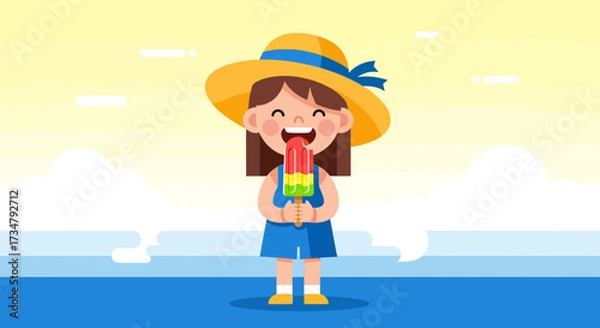Fototapeta Bright Illustrated Scene Of Summer Fun With Young Girl And Colorful Ice Pop Enjoyment
