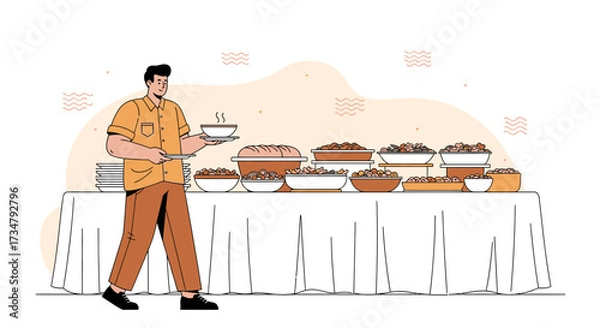 Fototapeta Buffet Presentation: A Friendly Attendant Offers Various Culinary Delights to Guests, Ready