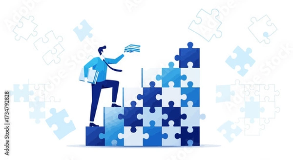 Fototapeta Building Solutions: Businessman Assembles Puzzle, Achieving Success or Goal, Conceptual Metaphor