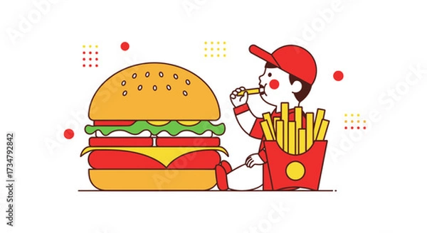 Fototapeta Burger And Fries Meal: A Delightful Illustration Of Fast Food And A Happy Eater